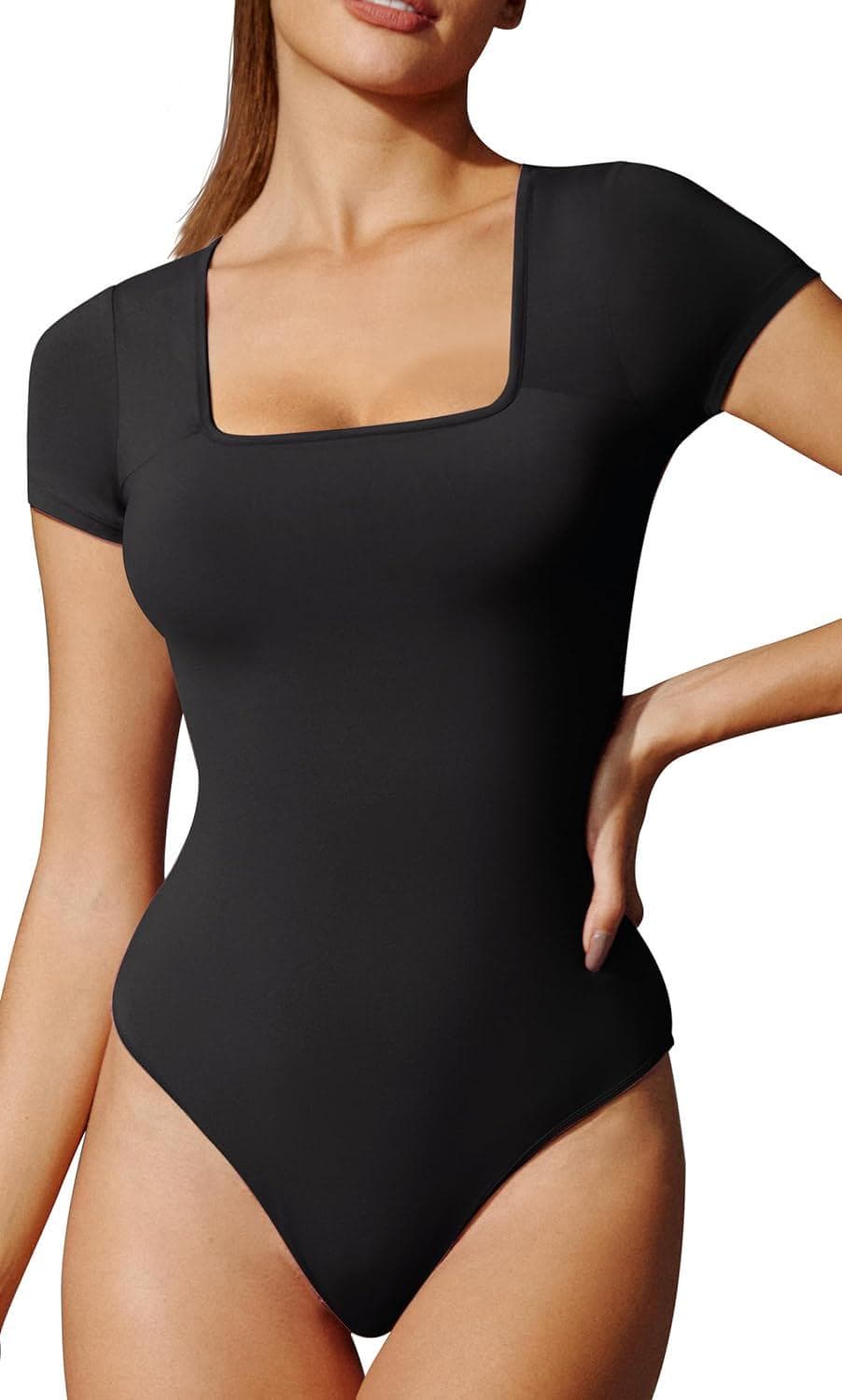 IUGA Bodysuits for Women Tummy Control Short Sleeve Square Neck Bodysuit Women’s Slimming Basic Body Suit Tops