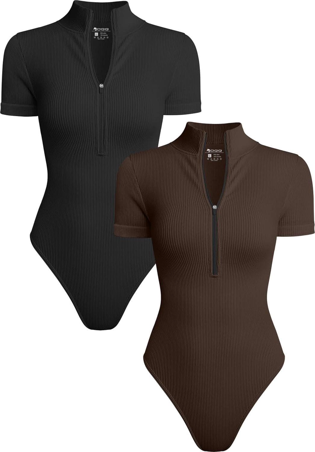 OQQ Women’s 2 Piece Bodysuits Sexy Ribbed One Piece Short Sleeve Zip Front Bodysuits