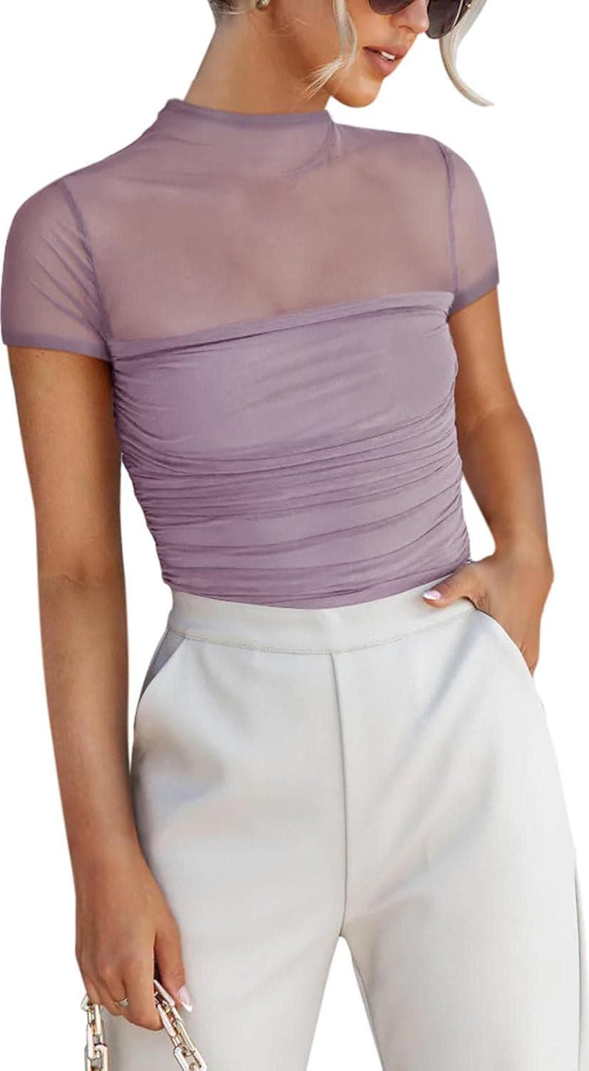 REORIA Women’s Sexy Mock Turtle Neck Short Sleeve Shirts Sheer Mesh Ruched Trendy Going Out Bodysuits Tops