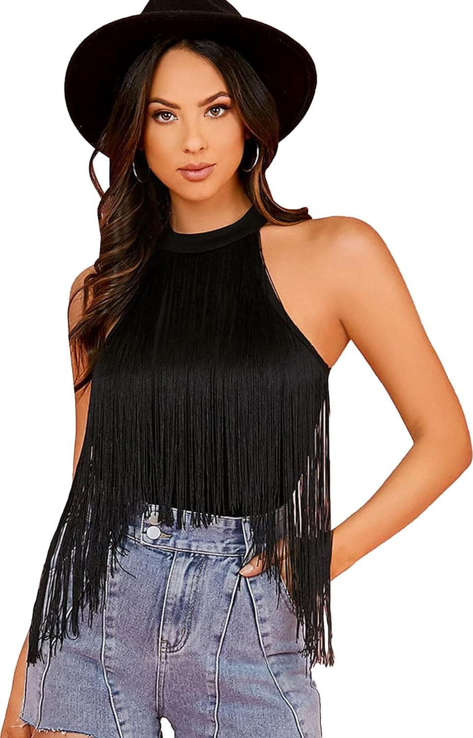 Verdusa Women’s Fringe Trim Sleeveless Bodycon Halter Bodysuit Top